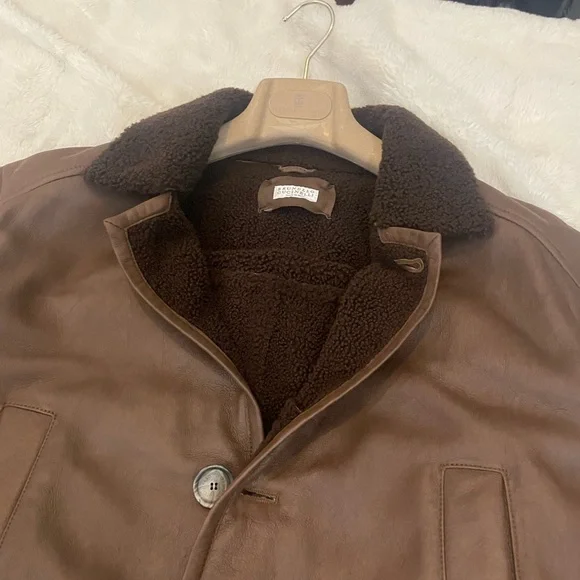 Brunello Cucinelli Mens Shearling Leather Brown Jacket Sz M - Picture 6 of 12